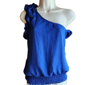 Vintage My Michelle Royal Blue One-Shoulder Sleeveless Floral Blouse Size S